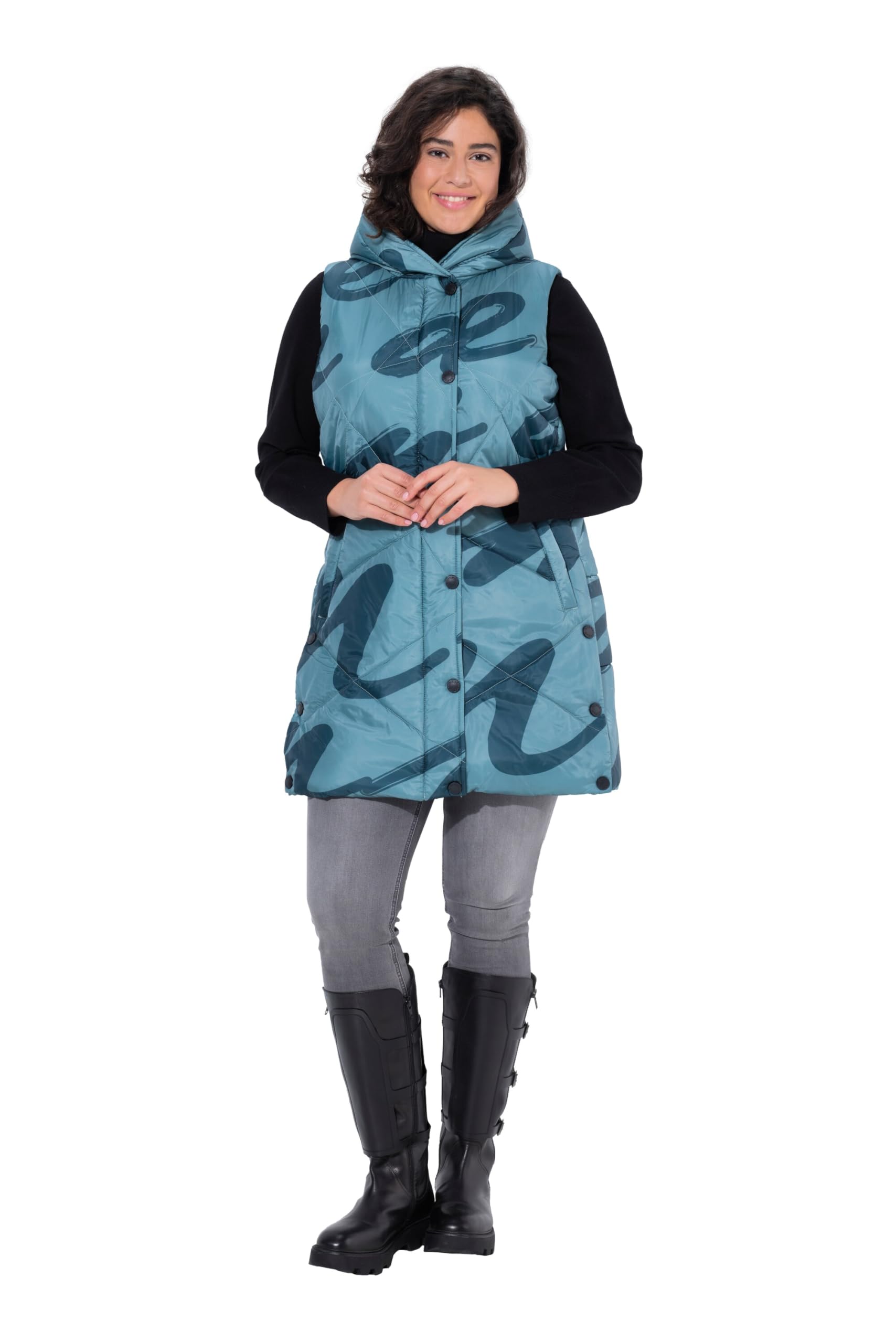 Ulla Popken Damen große Größen Übergrößen Plus Size HYPRAR Long-Steppweste mit Druck, wasserabweisend 838435