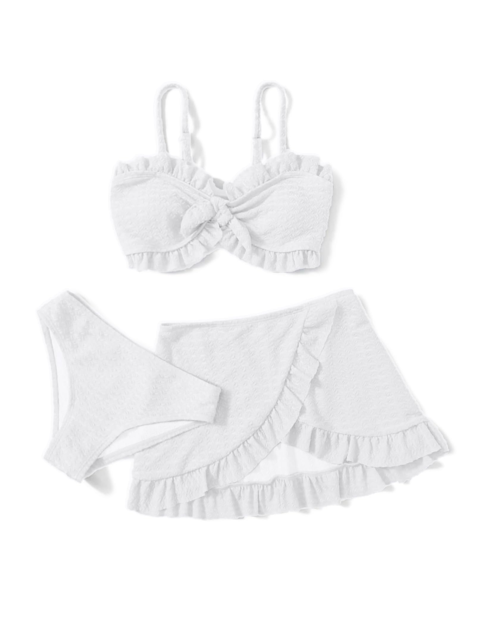 Arshiner meisjes 3-delige strik vooraan ruches trim bikini set zomer strand badmode top rokken slips badkleding kinderen badpakken met rok badmode zwempak voor meisjes 4-13 jaar, lichtblauw, 10-11