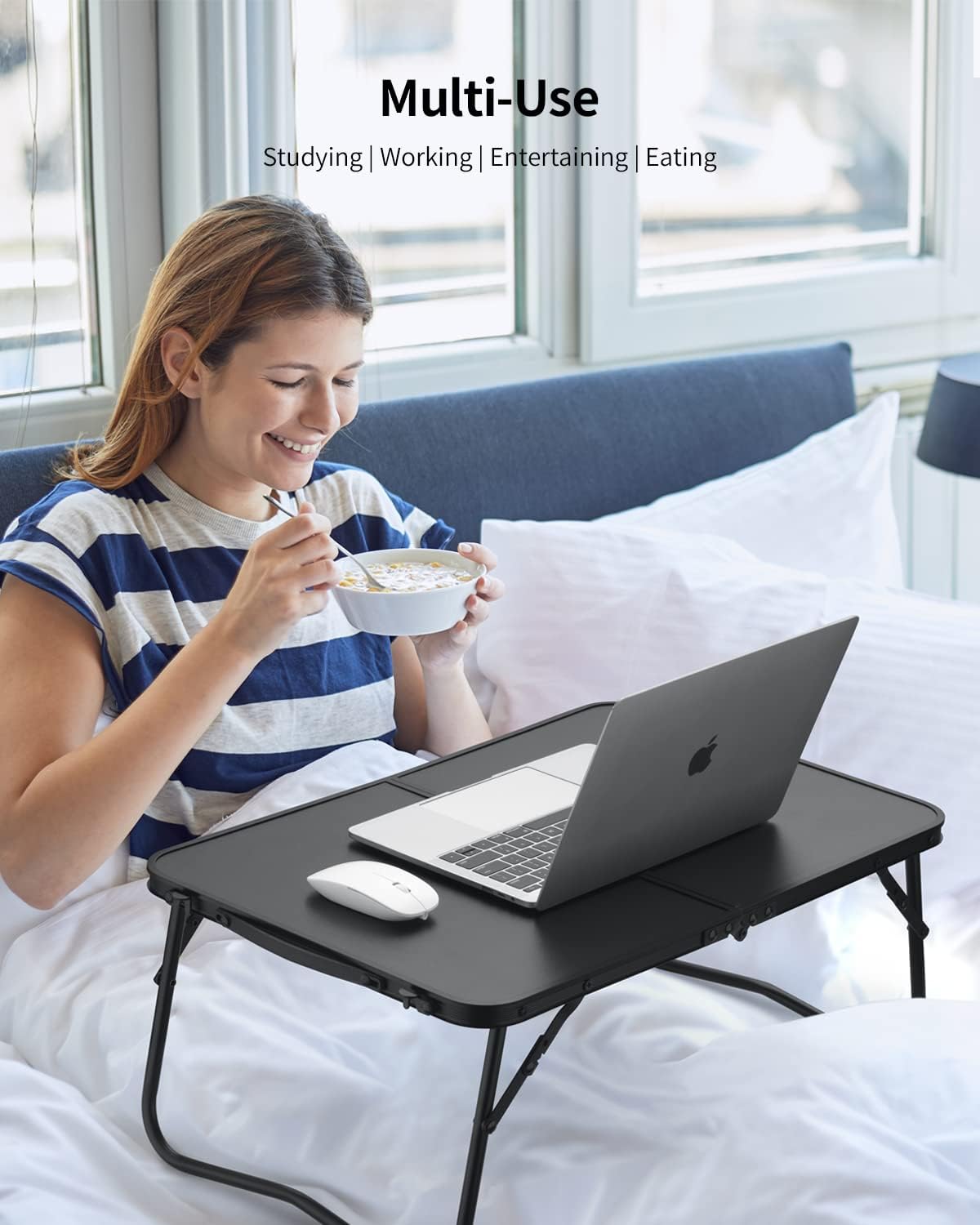 FISYOD Folding Laptop Table, Bed Table Lap Desk, Breakfast Tray Table, Portable Mini Picnic Study Reading Drawing Table, Folding in Half with Inner Storage Space (All Black) image 2
