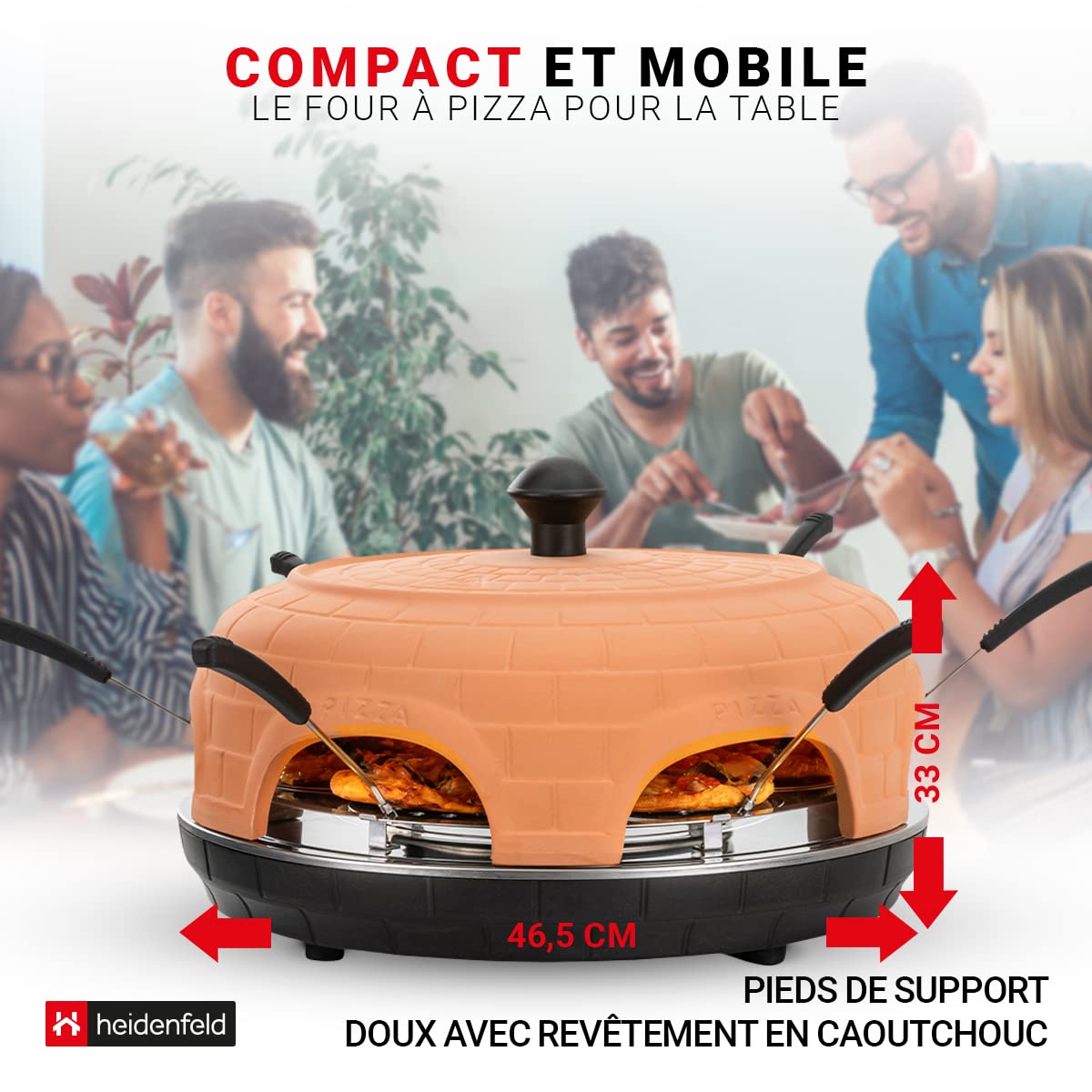 Heidenfeld Four à pizza Pizzachef 1000 Watt électrique avec toit en terre cuite pour 6 personnes