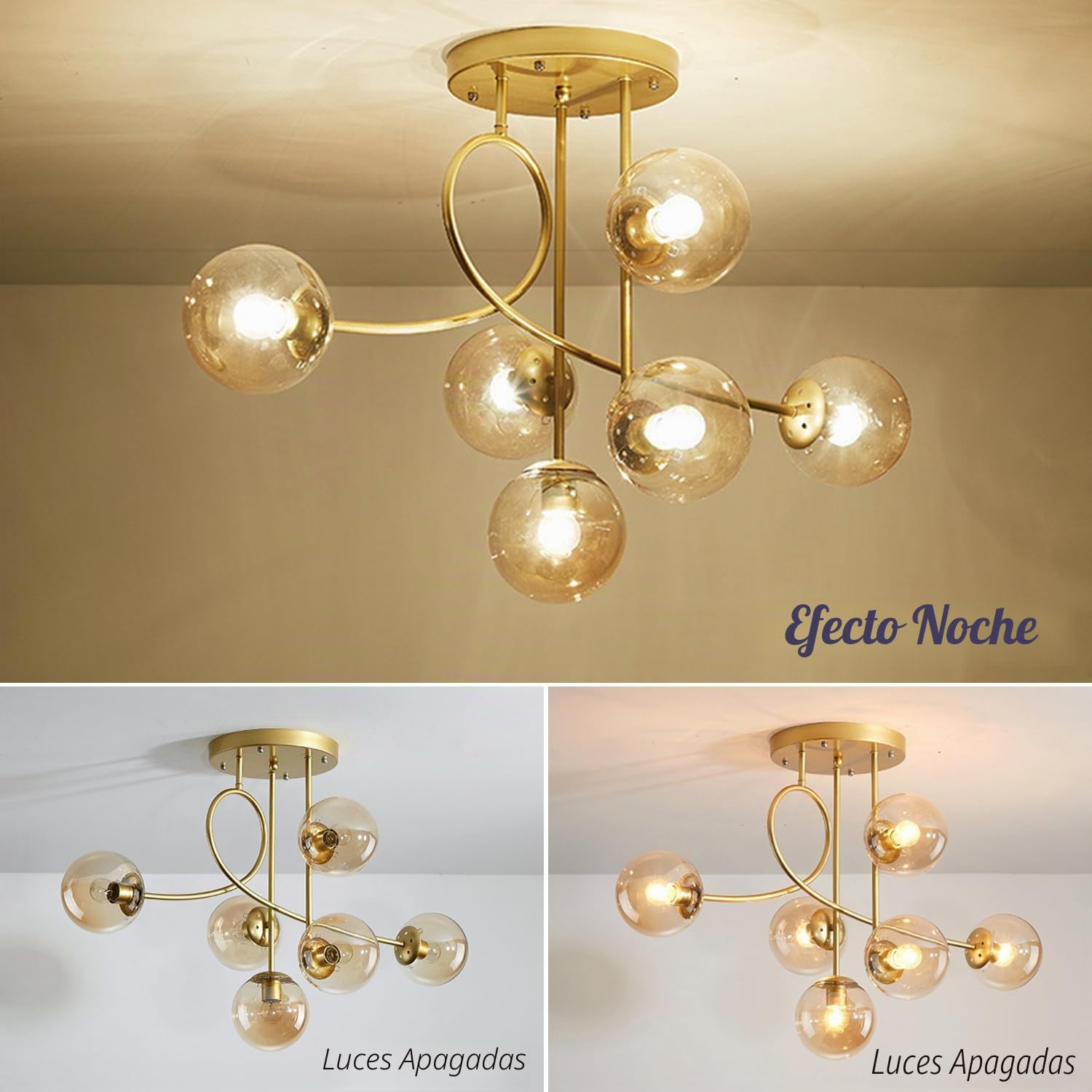 Lámpara de techo moderna E27 de 6 luces, lámpara de techo con bola de cristal de metal E27, lámpara colgante vintage para dormitorio, sala de estar, loft, cocina, diámetro 90 cm