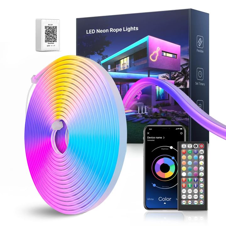 Macchiatto Tira de luces LED de neón, 20 m, Neon Flex RGB, IP65, resistente al agua para exterior e interior, control por aplicación y mando a distancia, se puede doblar para decoración de neón