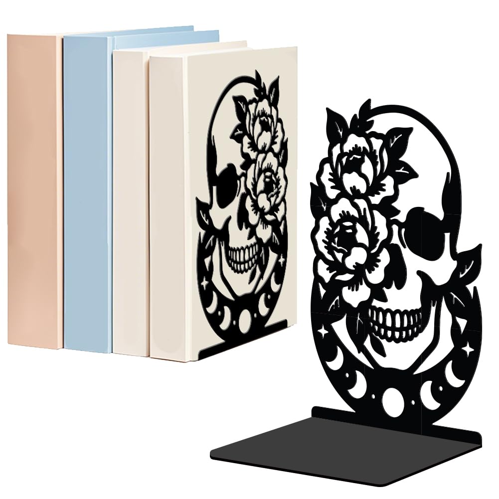 WADORN 1 Pair Gothic Skull Metal Decorative Bookend for Shelves, Heavy Duty Book Ends Modern Non-Skid Book Holder Black Unique Design Books Stoppers for Desk School Library Home Office CDs File