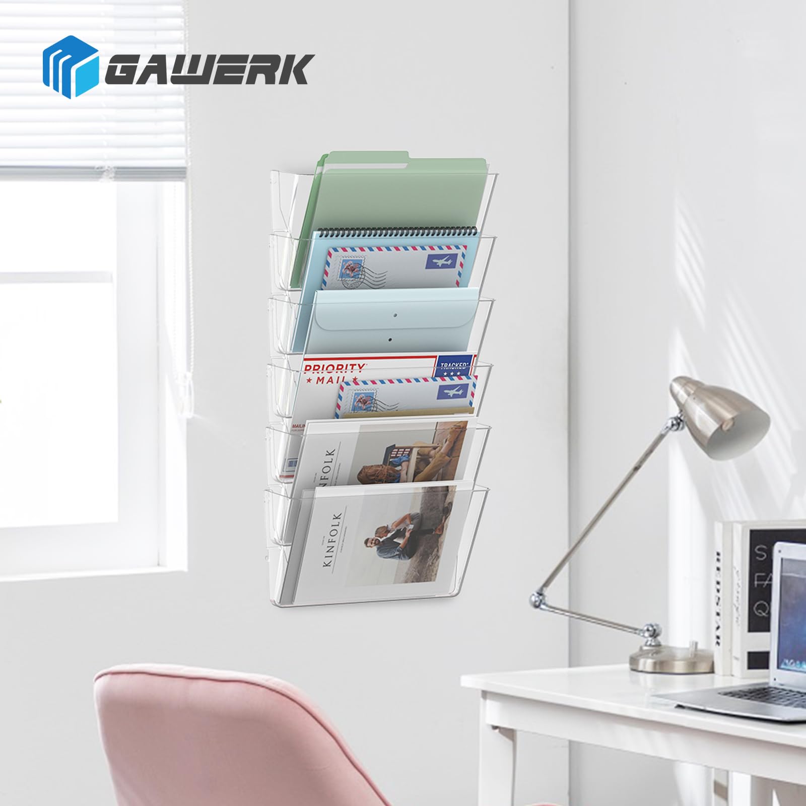 Gawerk Aktenhalter mit einer Tasche, Wandhalterung, transparent, 4 Stück | Acryl-Hänge-Wand-Organizer, Kunststoff-Wandhalterung, Posten, Zeitschriften, Organizer für Büro und Zuhause
