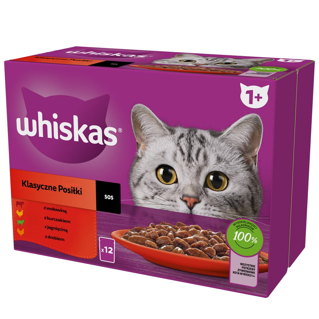 Whiskas Adult Cat Food (48 Fresh Bags) - Pate in Sauce, 4 Classic Varieties - Complete Wet Food (2 Packs of 24 x 85g)