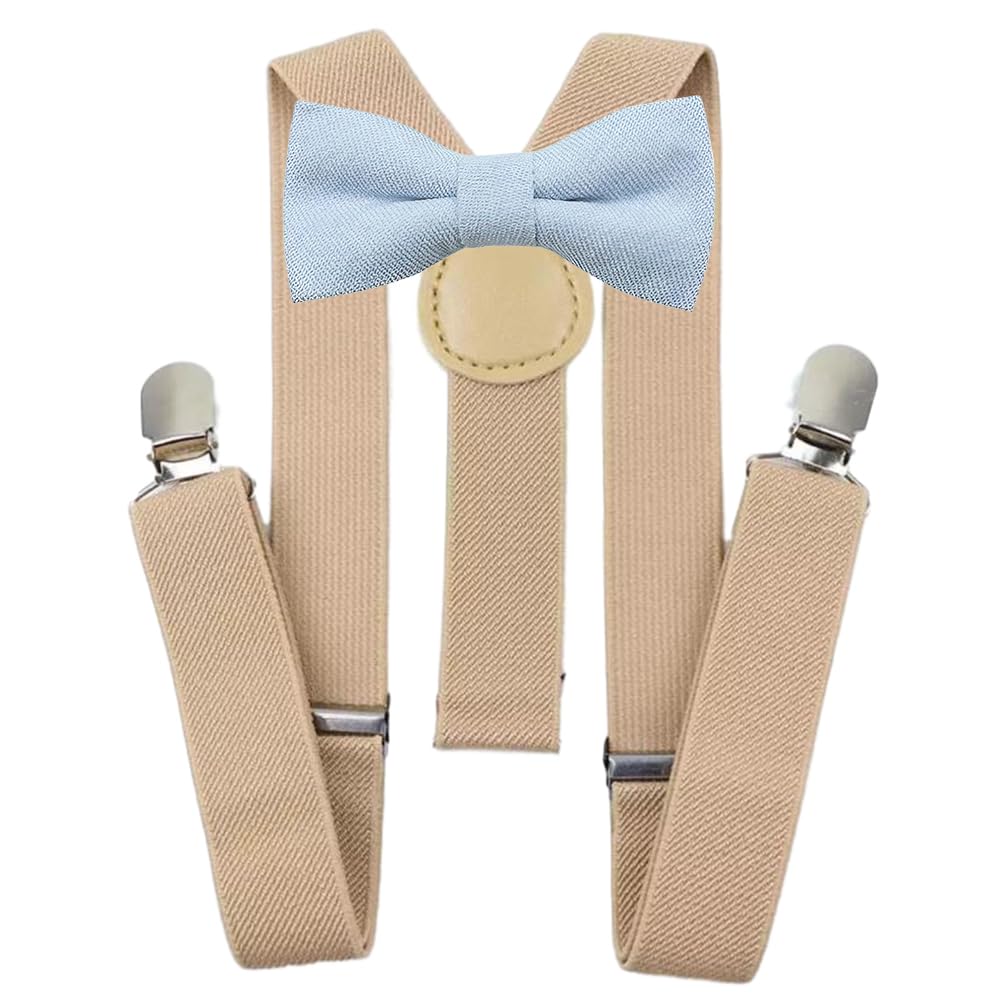 Children's Kids Boys Cotton Blend Pre-Tied and Elasticated Bow Tie & Cream Braces Set (Soft Blue) - suitable for formalwear, weddings, parties, pageboy outfits