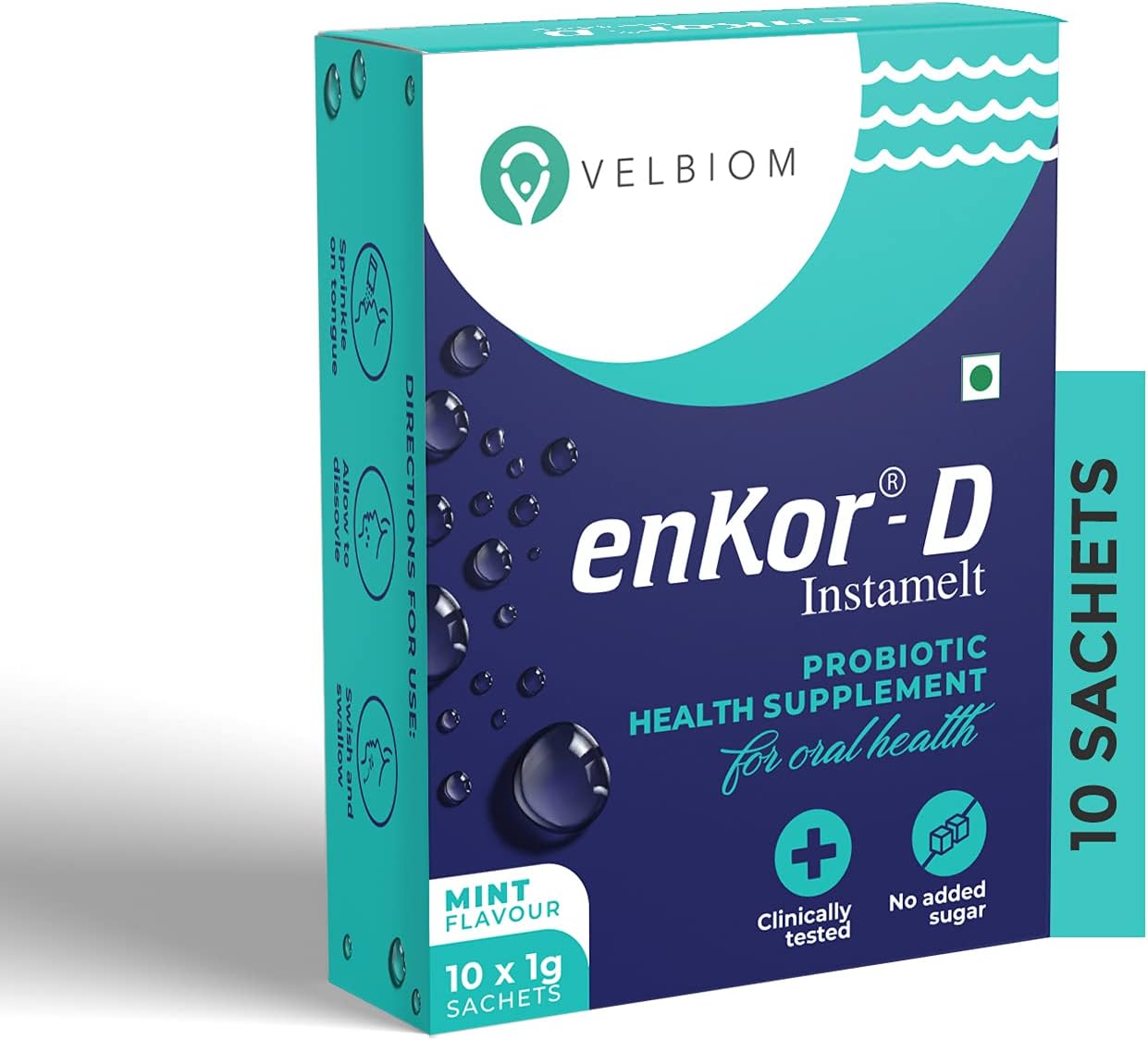 EnKor-D Immunity Boosting Daily Probiotic for Oral Health Prevents Sore Throat, Cough, Oral Infections Prevents Bad Breath For Men and Women Clinically tested - 10 Sachets Pack, Mint Flavour