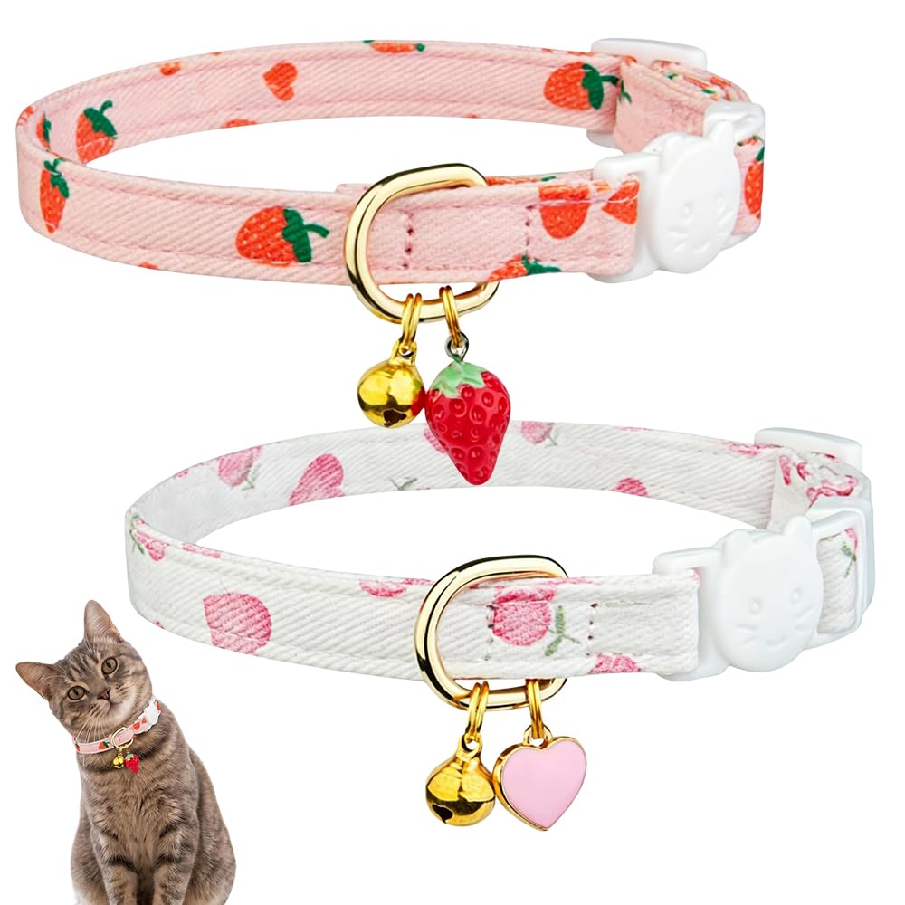 2PCS Breakaway Cat Collar Adjustable Feline Neckband Strawberry Heart Print Safety Clasp With Bell Pendants For Adult Pet Owners Indoor Outdoor Daily Wear Holiday Events Pet Accessories Set