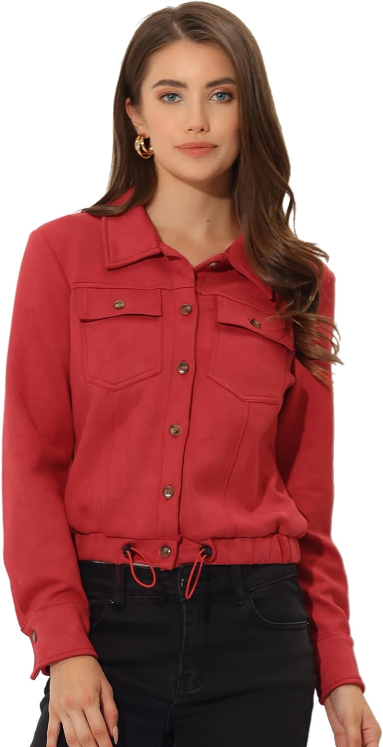 Allegra K Women's Faux Suede Jacket Button Down Collar Cropped Biker Motorcycle Jacket Fall Winter Coat