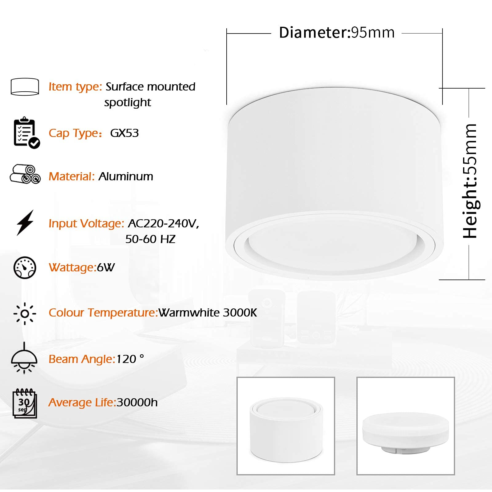 KYOTECH Foco LED de Superficie Para Techo - Bombilla 6W GX53 Intercambiable, Extraplano 55mm, IP44, Blanco Cálido 3000K, 550LM, Redondo Blanco