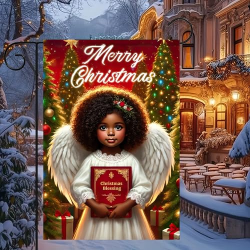 Image of BlissYard Christmas Garden Flag 12x18 Inch Angel Book Yard Decor | Double sided polyester, christmas angel blessing book design, faith inspired decor for holiday porch and yard
