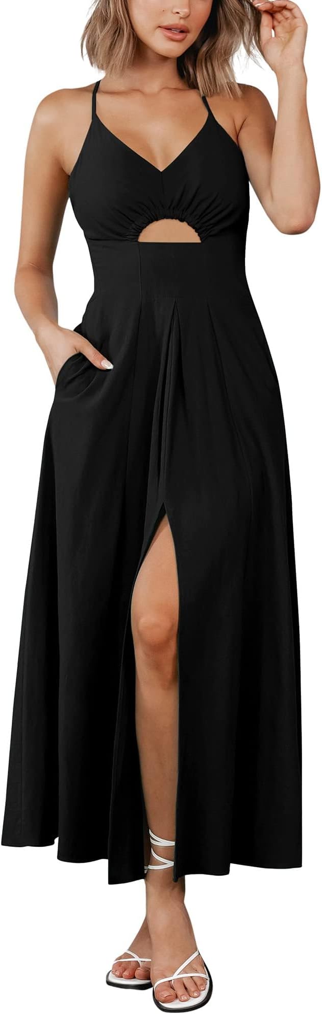 Women 2025 Summer Spaghetti Strap Midi Dress Sleeveless V Neck Cutout Slit Casual Beach Party Maxi Dresses Pockets
