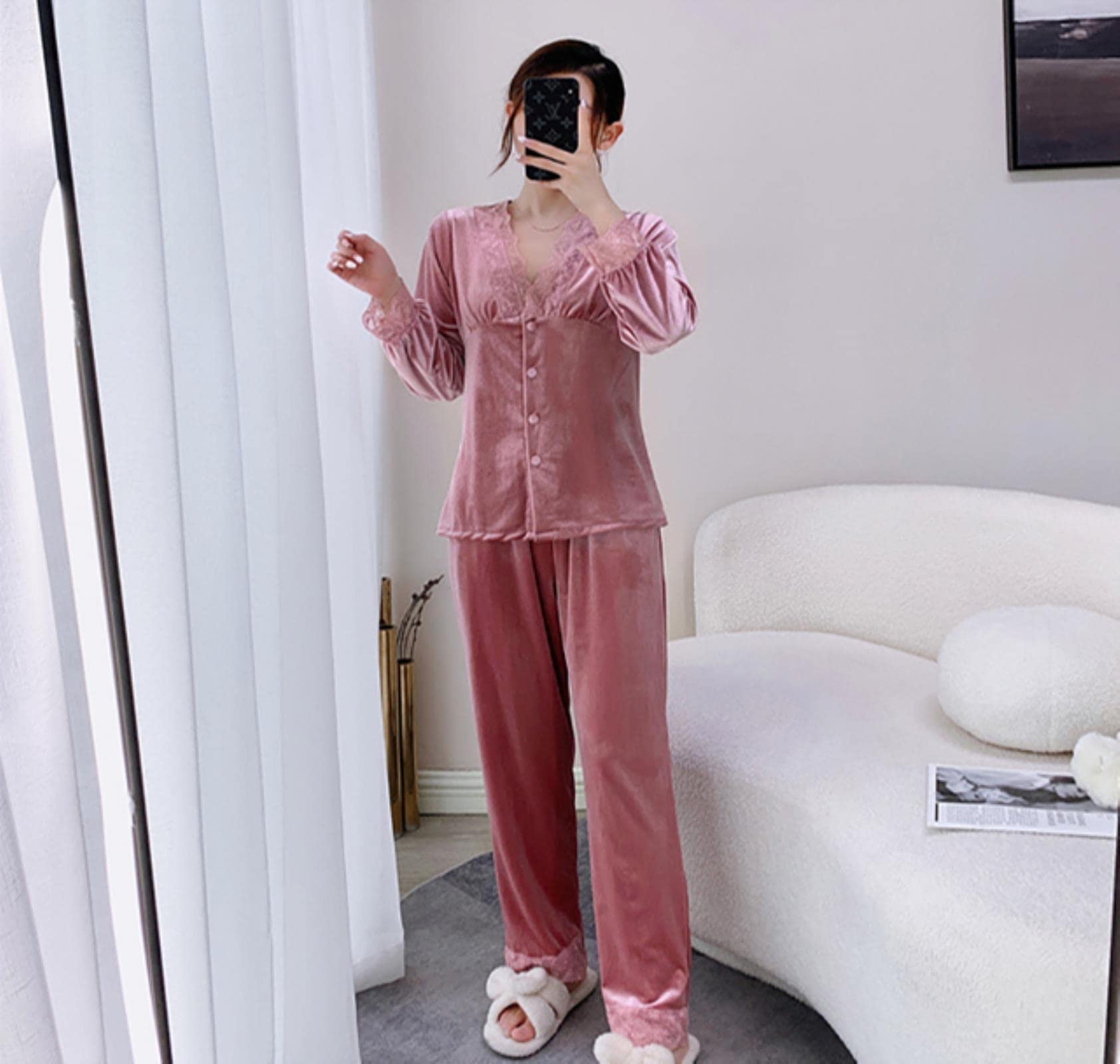MOGSA Pijama para mujer, pijama de terciopelo sintético para otoño, invierno, ropa de dormir de manga larga, ropa de dormir suelta para el hogar, ropa de dormir con ribete de encaje