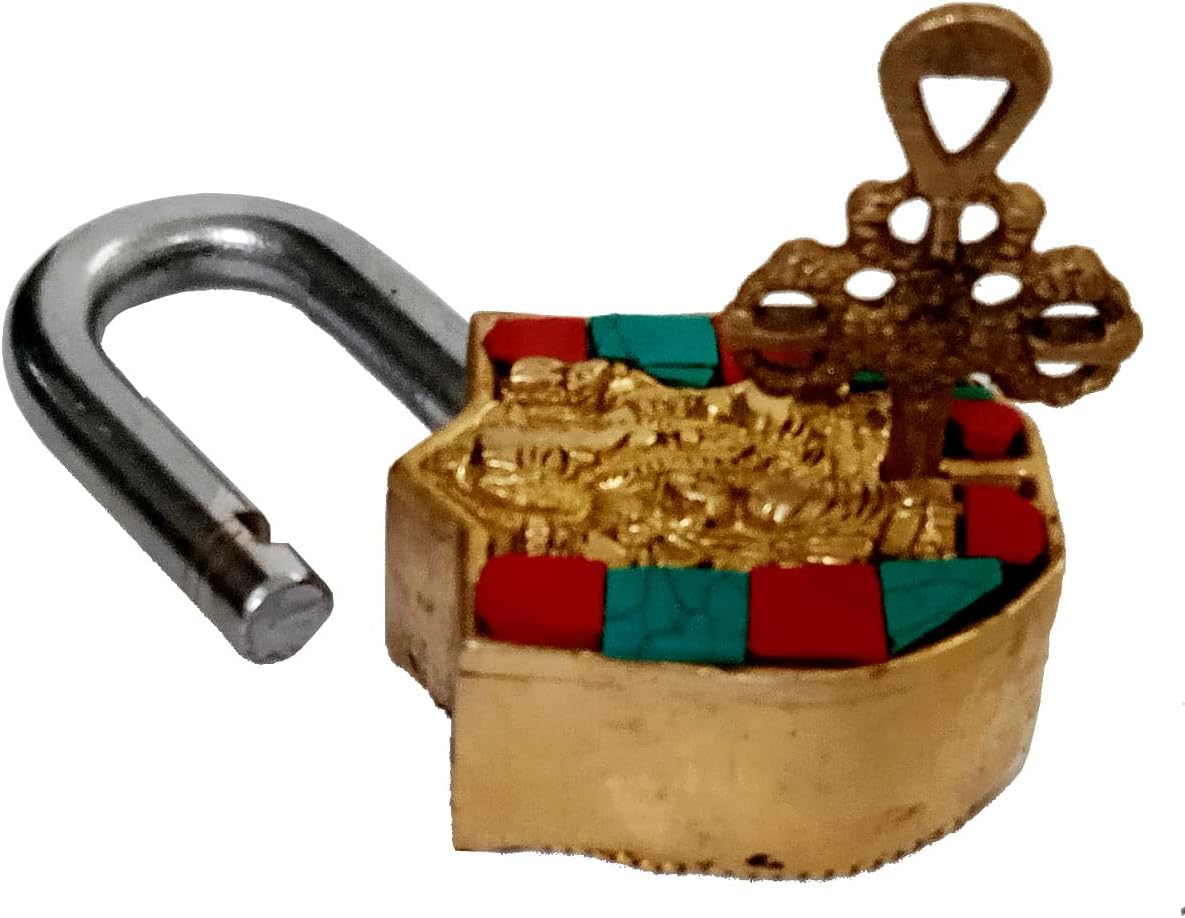Purpledip Brass Lock Padlock Ganesha: Antique Design with Colorful Gemstones; Unique Collectible Combination of Beauty & Security with Religious Significance (11094)