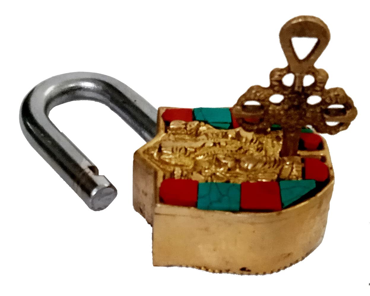 Purpledip Brass Lock Padlock Ganesha: Antique Design with Colorful Gemstones; Unique Collectible Combination of Beauty & Security with Religious Significance (11094)