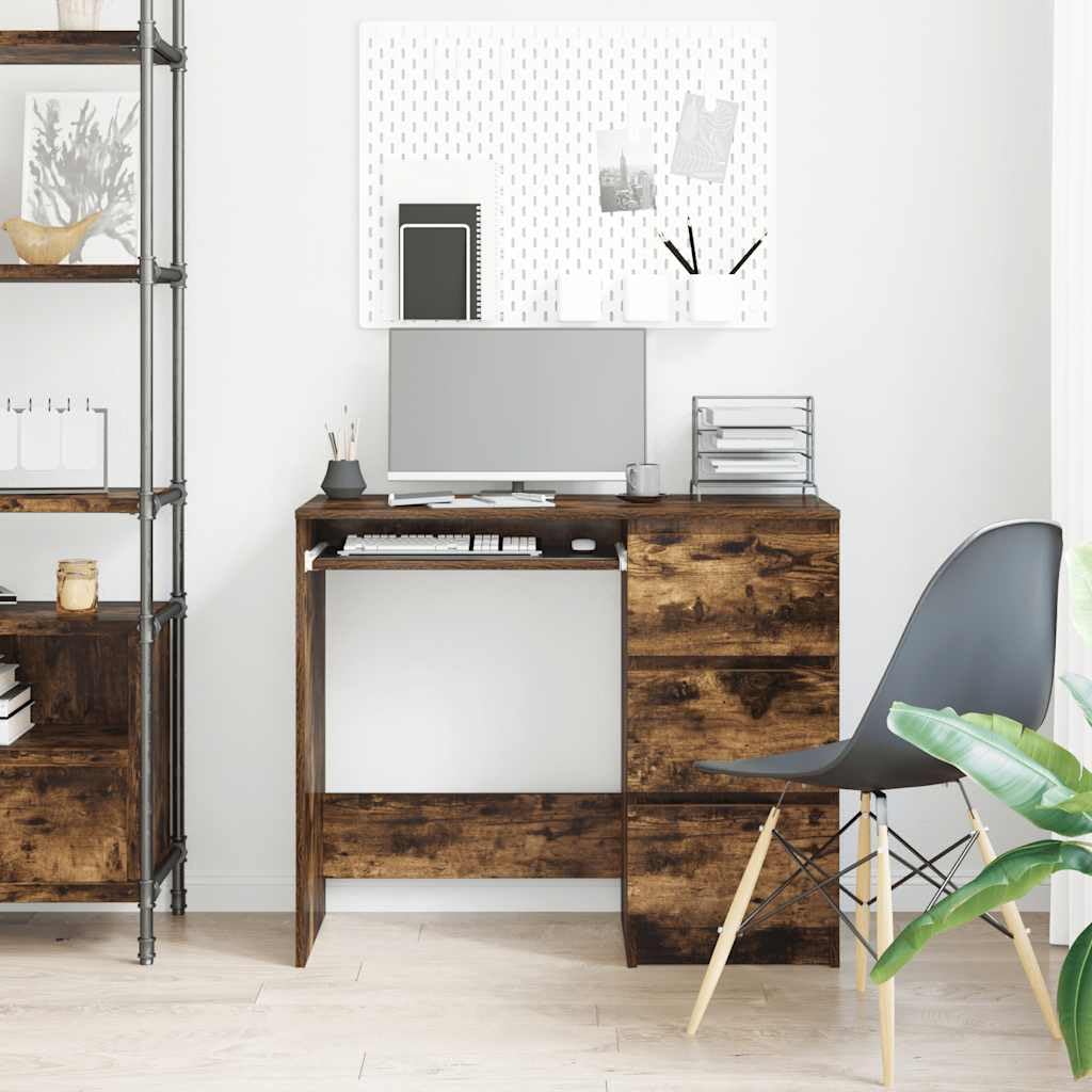Scrivania in legno di quercia affumicata, 90 x 45 x 76 cm, con 3 cassetti, scrivania da ufficio per computer, scrivania per ufficio, postazione di lavoro, spazio per raccoglitori e documenti