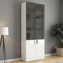 Alpine Willow Kitchen Storage Unit with Black Tinted Glass Doors, Crockery Cabinet, Kitchen Storage Hutch, Large White, Modern Display Cabinet with Glass Doors, White Bookcase with Storage, 4 Shelves