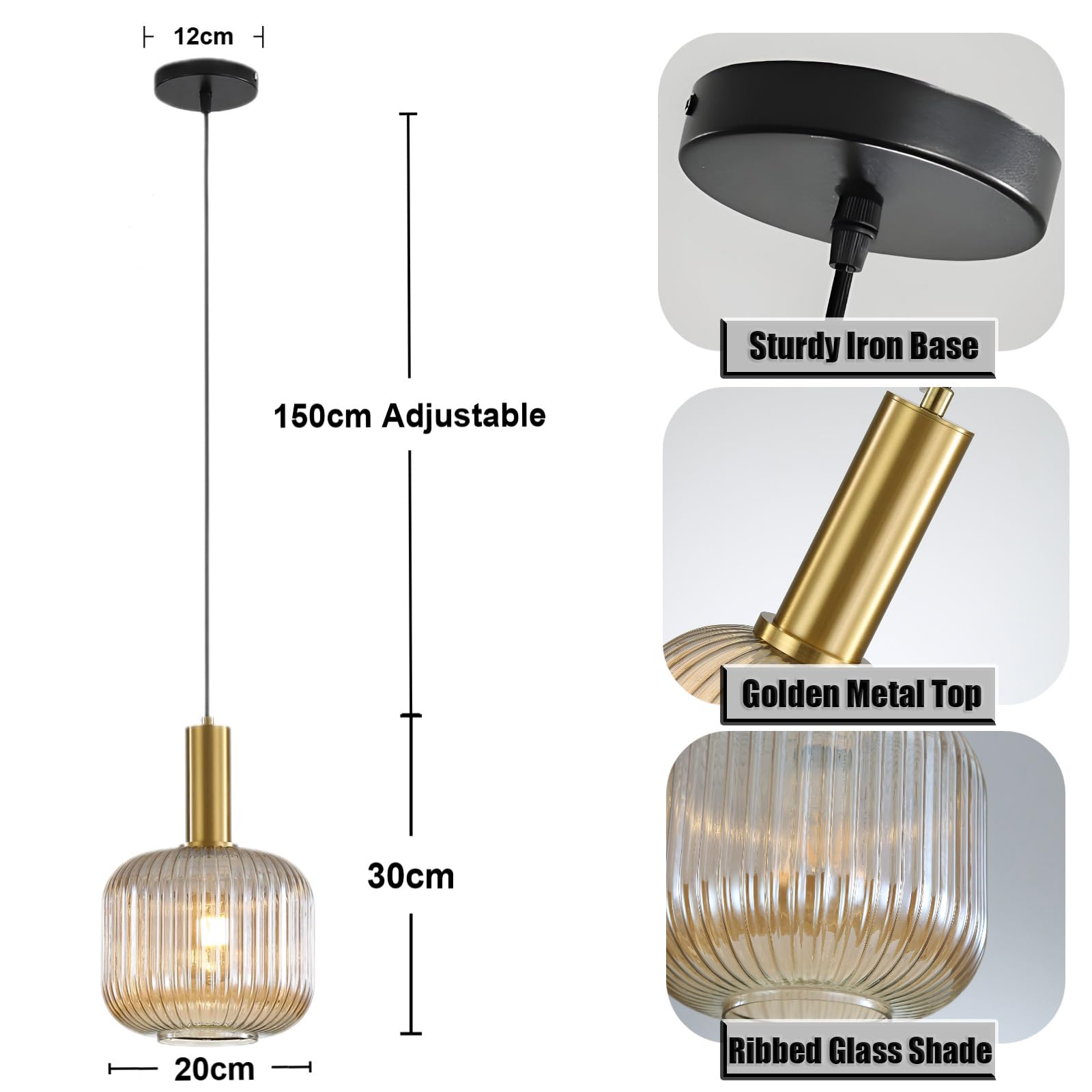 Moderne Vintage Glas Lampenschirm Hängeleuchten & Pendelleuchten, E27 Gold Lampenfassung, Hängelampe einflammig für Küche, Esstisch, Schlafzimmer und Wohnzimmer (Bernstein, 20cm)