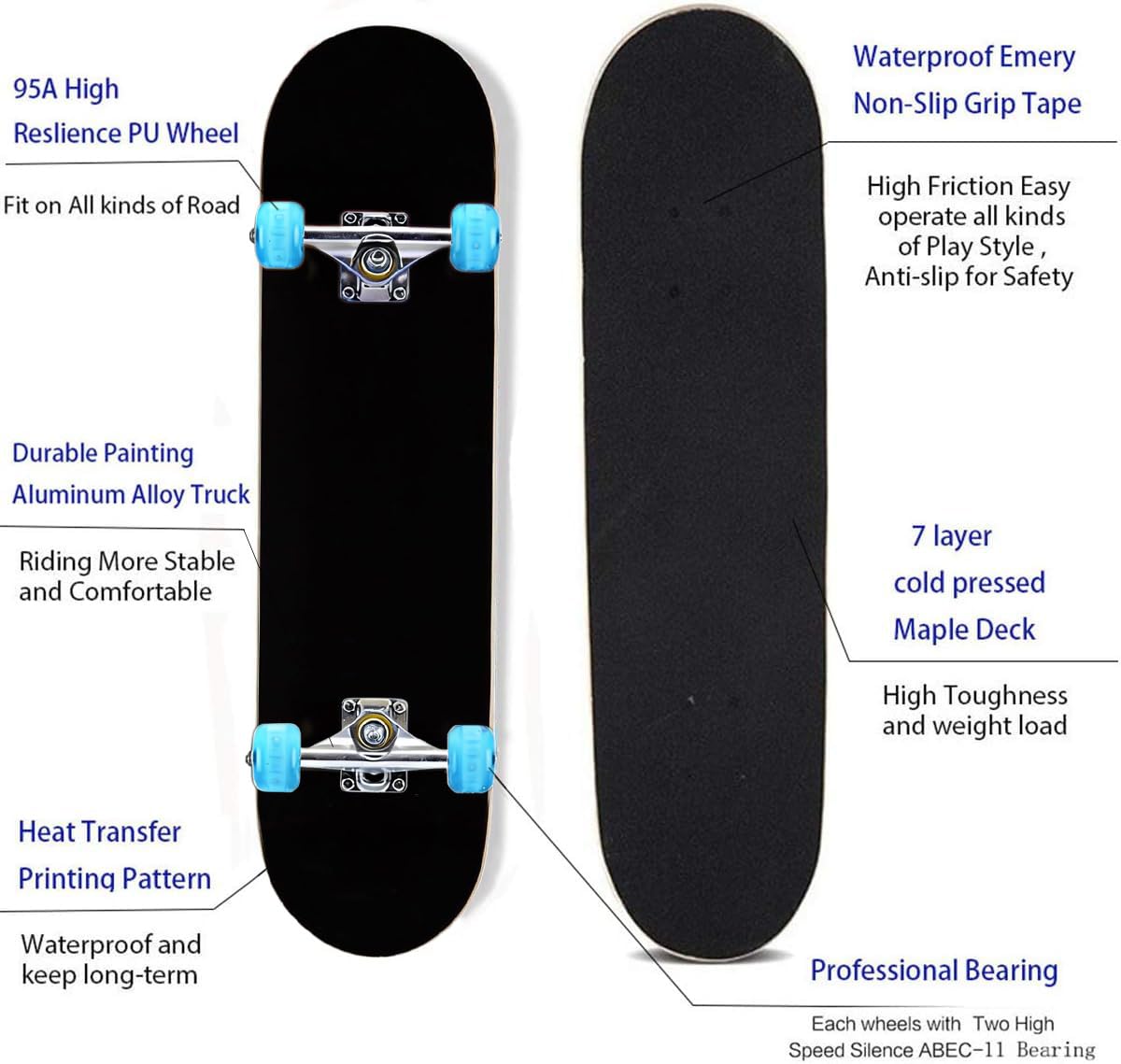 Skateboard complet - Skateboard standard pour débutants, enfants, garçons, filles, adolescents - 78,7 x 20,3 cm - Concave, fascinant, cool, solide et durable