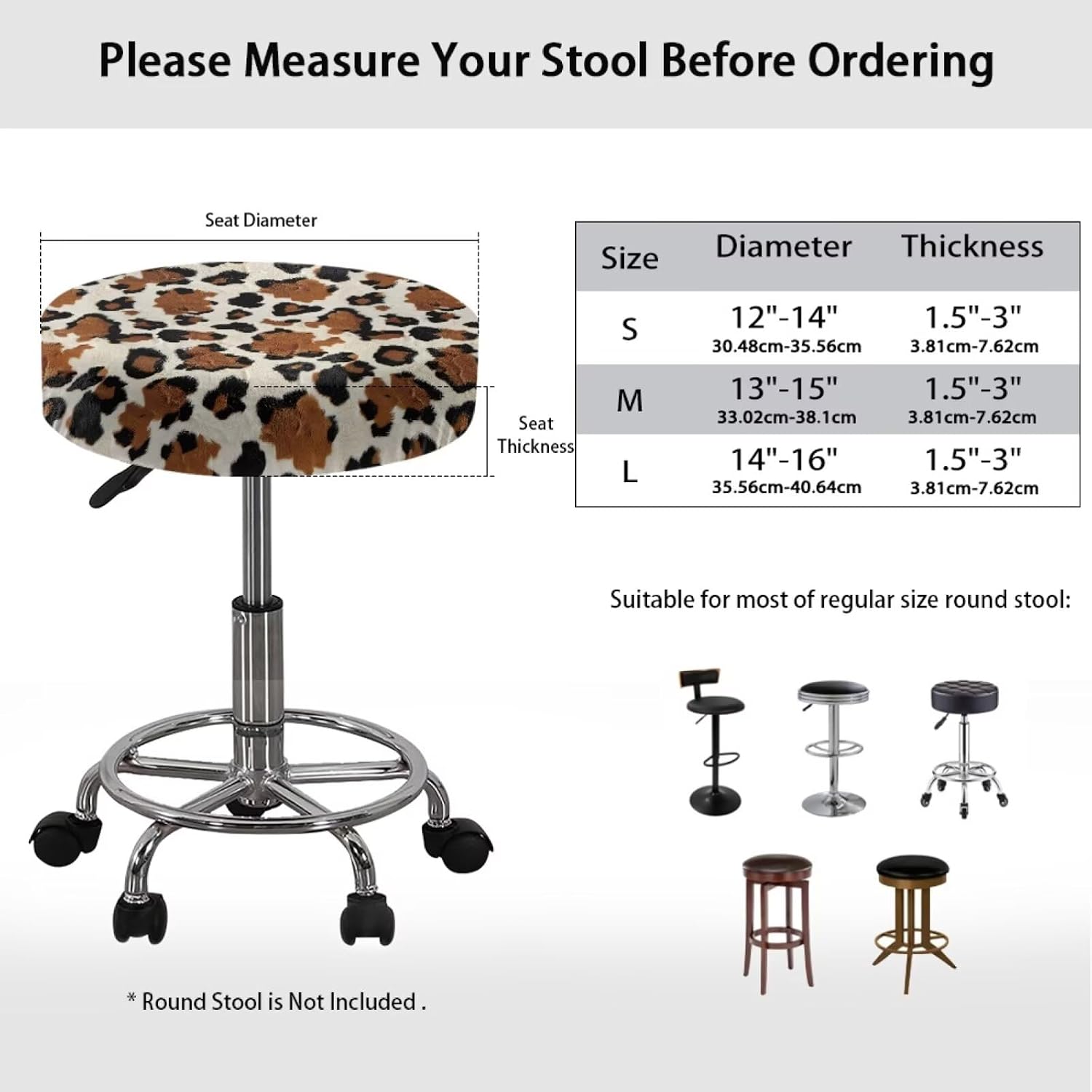 Brown Cow Print Bar Stool Slipcovers, Removable Bar Stool Seat Covers Decorative Cover Non-Slip Stretch Round Barstool Covers with Elastic Band 2 Packs, 14"-16", L