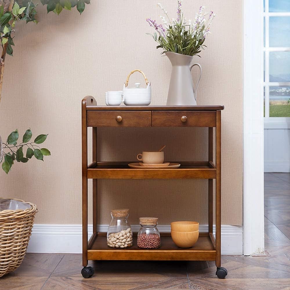Amazon｜車輪付きキッチントロリー木製アイランドトロリー2層棚収納トロリー引き出し付きバスルームバーケータリングサービストロリー60kg