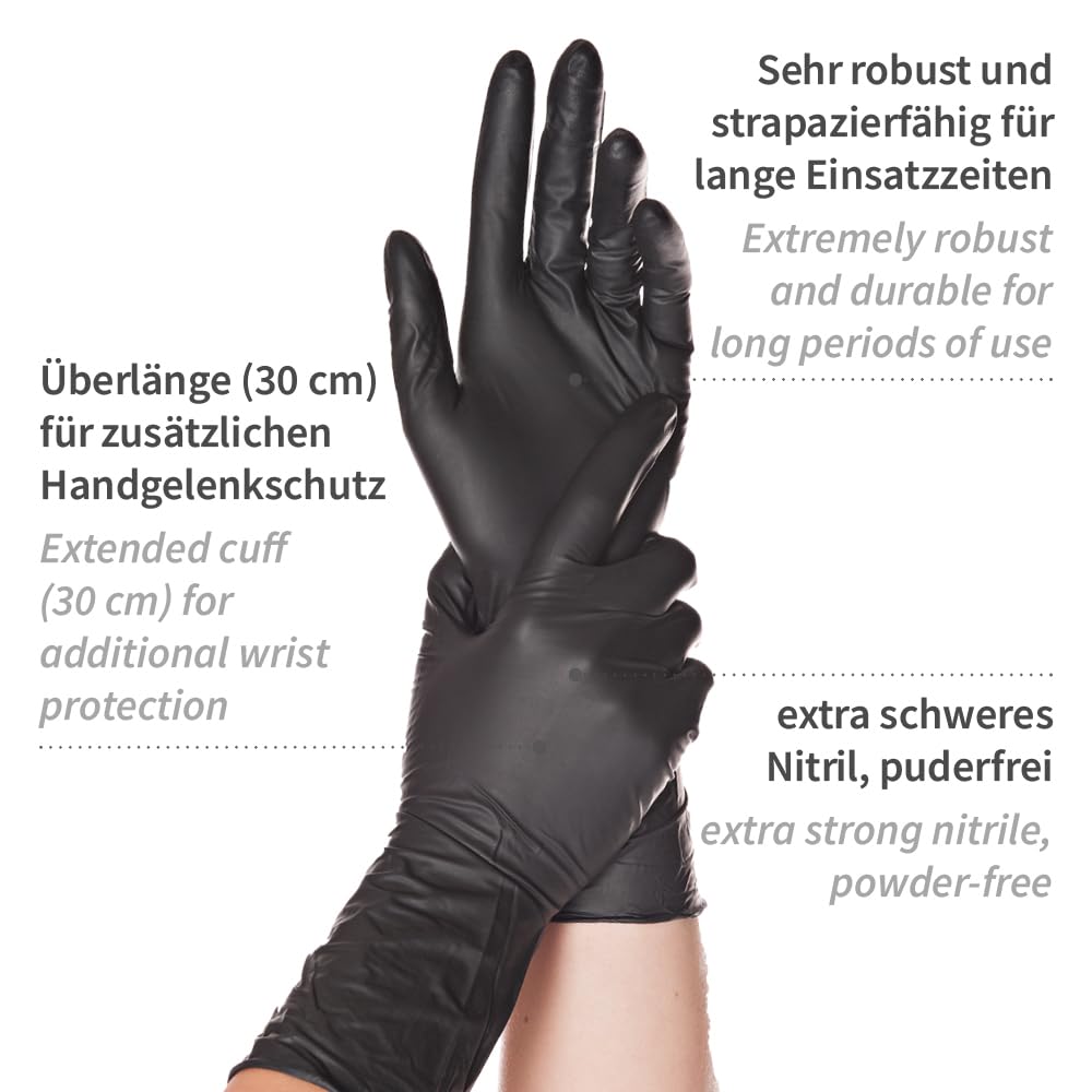 FRANZ MENSCH Hygostar Nitrilhandschuhe Safe Long | Latex- und puderfrei, schwarz, 9/L, 30cm, 100 Stück, Einweghandschuhe, extra lang und robust, langer Schaft | Safe Long, 30 cm, puderfrei, latexfrei, robust, langer Schaft, Einweghandschuhe, disposable gl