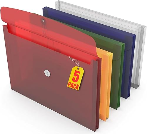 1InTheOffice Sobres de polietileno con botón y cierre de cuerda, cartera expandible, tamaño legal, colores surtidos, paquete de 5