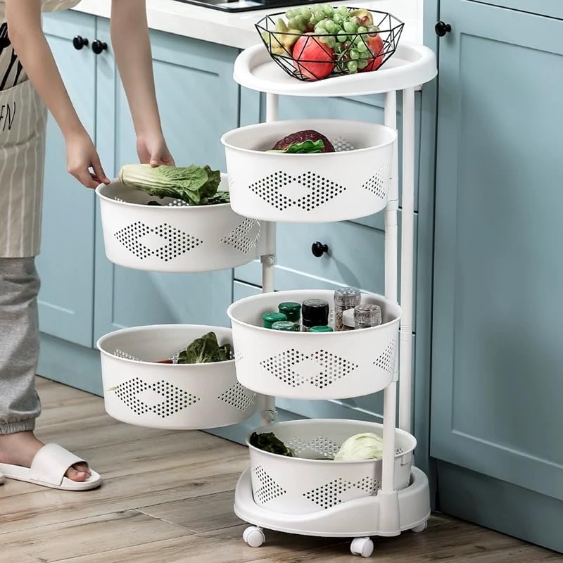 180° Rotating Kitchen Storage Cart, Kitchen Storage Shelf with Wheels, Fruit Vegetable Storage Basket, Adjustable Height Kitchen Storage Rack