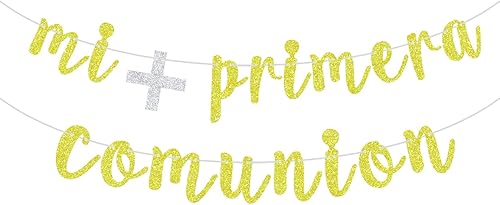 Mi Primera Comuniòn Banner – Bautismo de bebé/Primera Comunión – Dios bendiga a este niño Baby Shower boda fiesta decoración suministros (purpurina