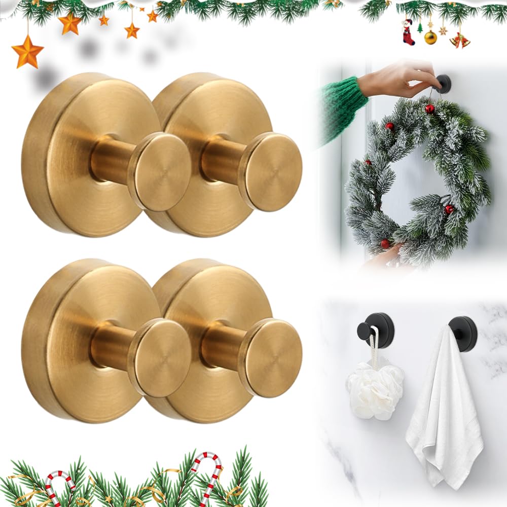 2025 Upgraded Suction Cup Hooks, Suction Cup Hanger for Wreaths on Glass, No-Drill Stainless Steel Waterproof Hooks for Shower Bathroom (Gold, 4 PCS)