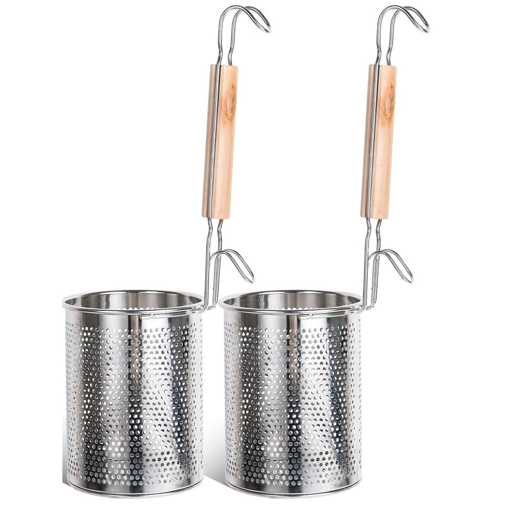 CTRLZS Stainless Steel Pasta Basket(2 Pack), Mesh Noodle Strainer with Wooden Handle,for Boiling Food, Pasta, Noodles