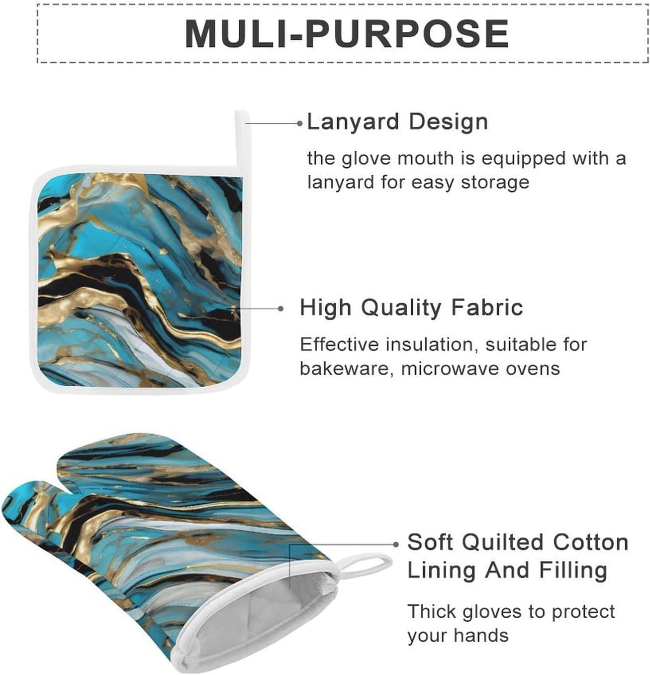 Oven Mitts Pot Holders Kitchen Turquoise Blue Gold Marble Heat Resistant Oven Glove for Baking and Cooking