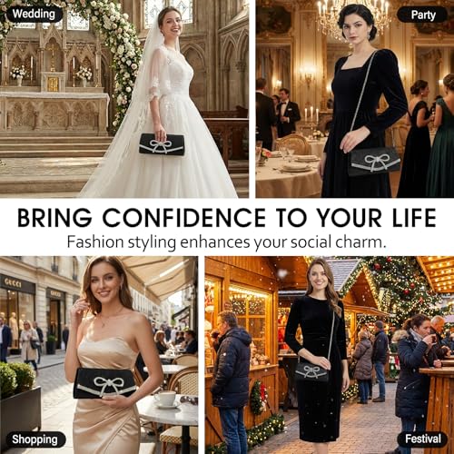 Image of Bow Rhinestone Evening Clutch Purses for Women Weddings Party Prom Diamond Glitter Sparkly Handbag with Detachable Chain