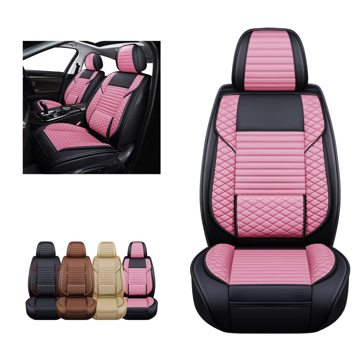 OASIS AUTO Car Seat Covers Premium Waterproof Faux Leather Cushion Universal Accessories Fit SUV Truck Sedan Automotive Vehicle Auto Interior Protector Front Pair (OS-002 Pink)