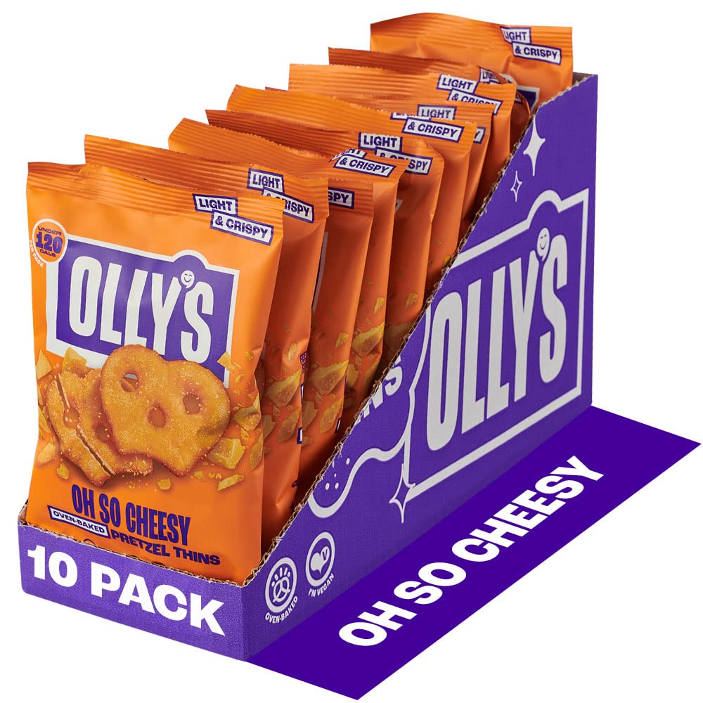 Olly's Pretzel Thins, Oh So Cheesy, 35g (Pack of 10), Handy Snack Pouches, Healthy Plant-Based Vegan Snacks for Dipping, Low Calorie Snacks, Low Fat, Source of Fibre, No Preservatives