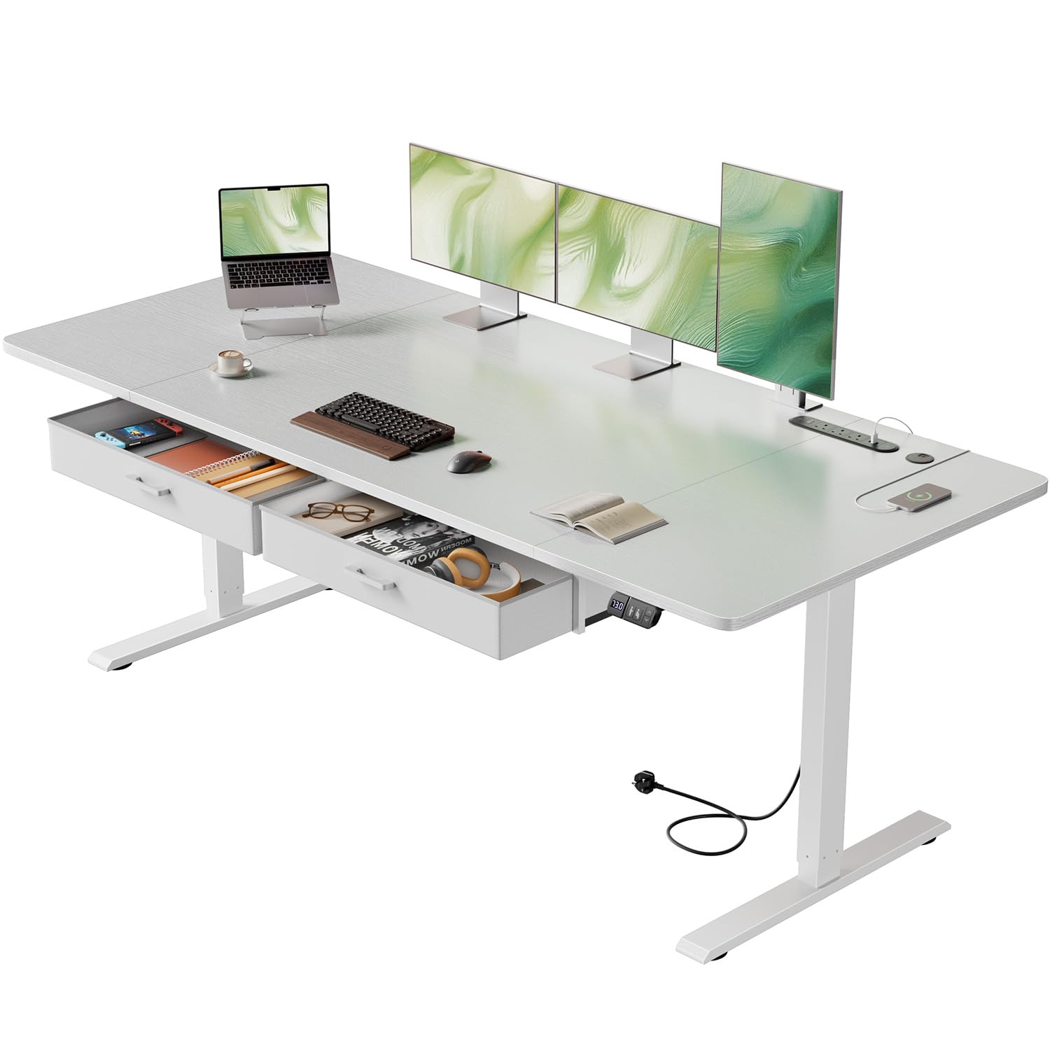 Precision Synergie Electric Standing Desk with 2 Drawers, 180 x 80 cm Height Adjustable Standing Desk with Power Outlets and USB Ports, Sit Stand Table with Memory Smart Pannel for Home Office, White