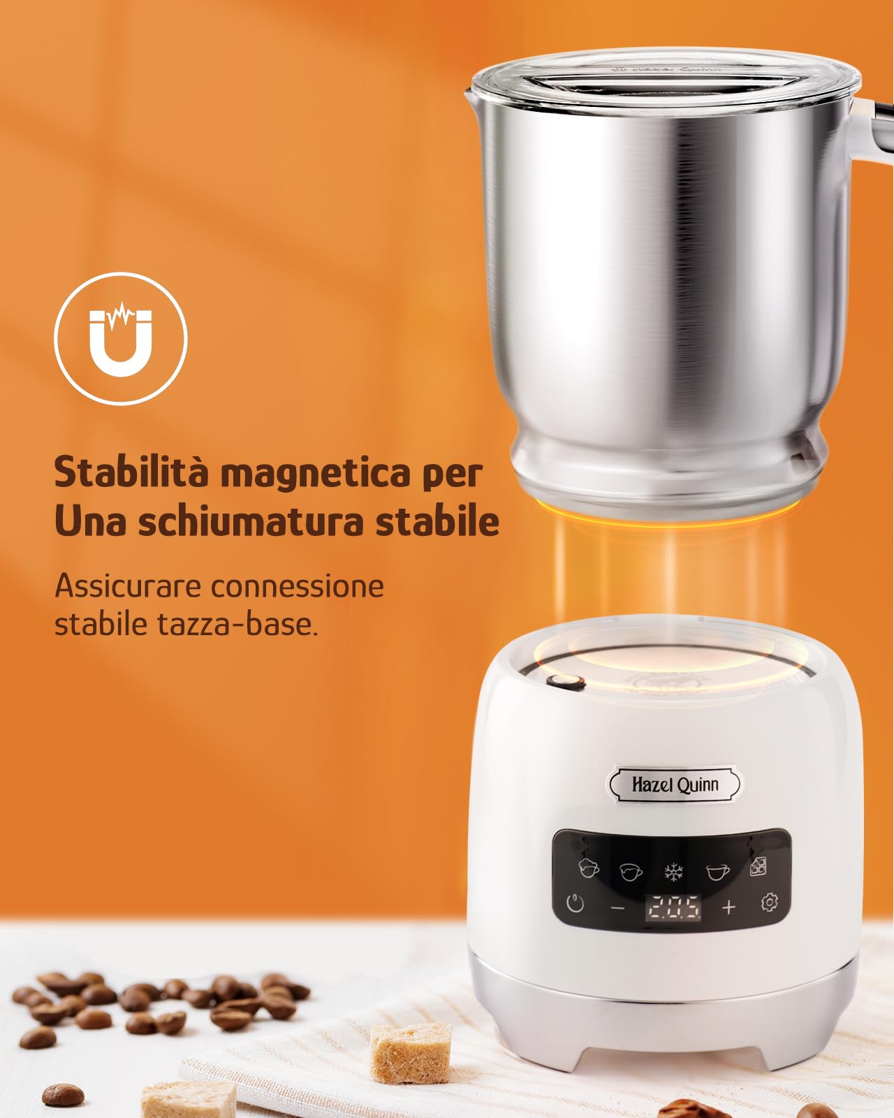 Hazel Quinn Montalatte Elettrico 5 in 1 per Cappuccino, Acciaio Inox 304 e LED Touchscreen, Schiuma Latte Elettrico da 400 ML, Schiumatura a Caldo e a Freddo, Lavabile in Lavastoviglie, Bianco