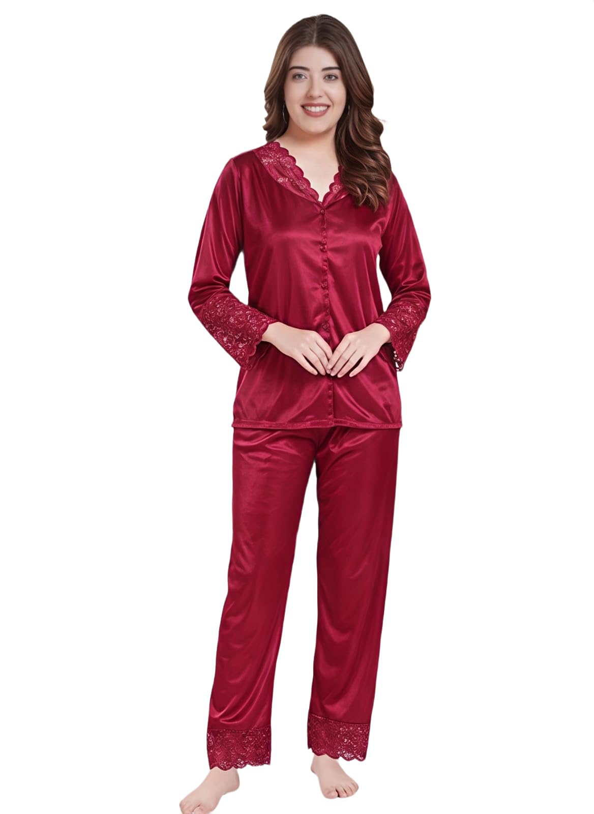 Women's Lace Trim Satin Loungewear Set | Soft Silk Feel Night Suit for Women | Button Down Top & Pyjama Set | Comfortable Sleepwears & Nightwears for Women-image-11