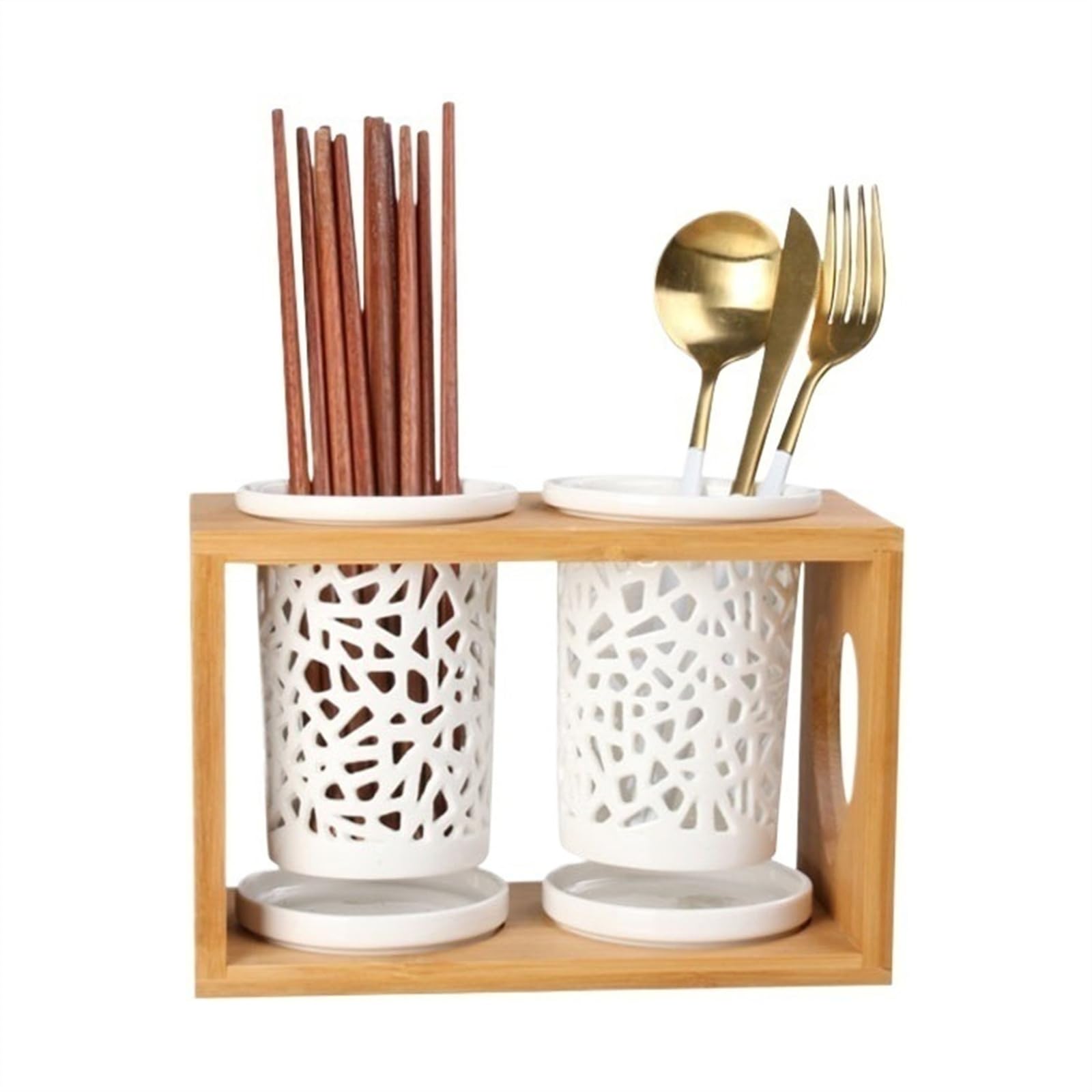 Caddie à couverts chic en céramique blanche et socle bambou pour une cuisine moderne