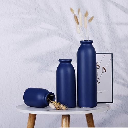 Miniatura 6 de Juego de 3 jarrones de cerámica azul marino decorativos impermeables para centros de mesa, granja y decoración del hogar, ideal para sala de estar,