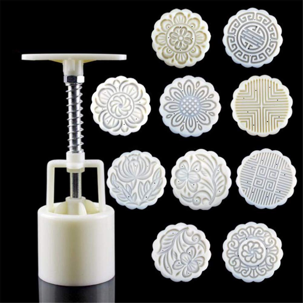 11pcs/Set Mooncake Mold, Hand Pressure Maker Mould+100g Flower Mode Stamps Plunger Kit,Plastic Round Cookies Cutter,Moon Cake Mould, Kitchen DIY Baking Pastry Tools Bakeware Supplies Decorating