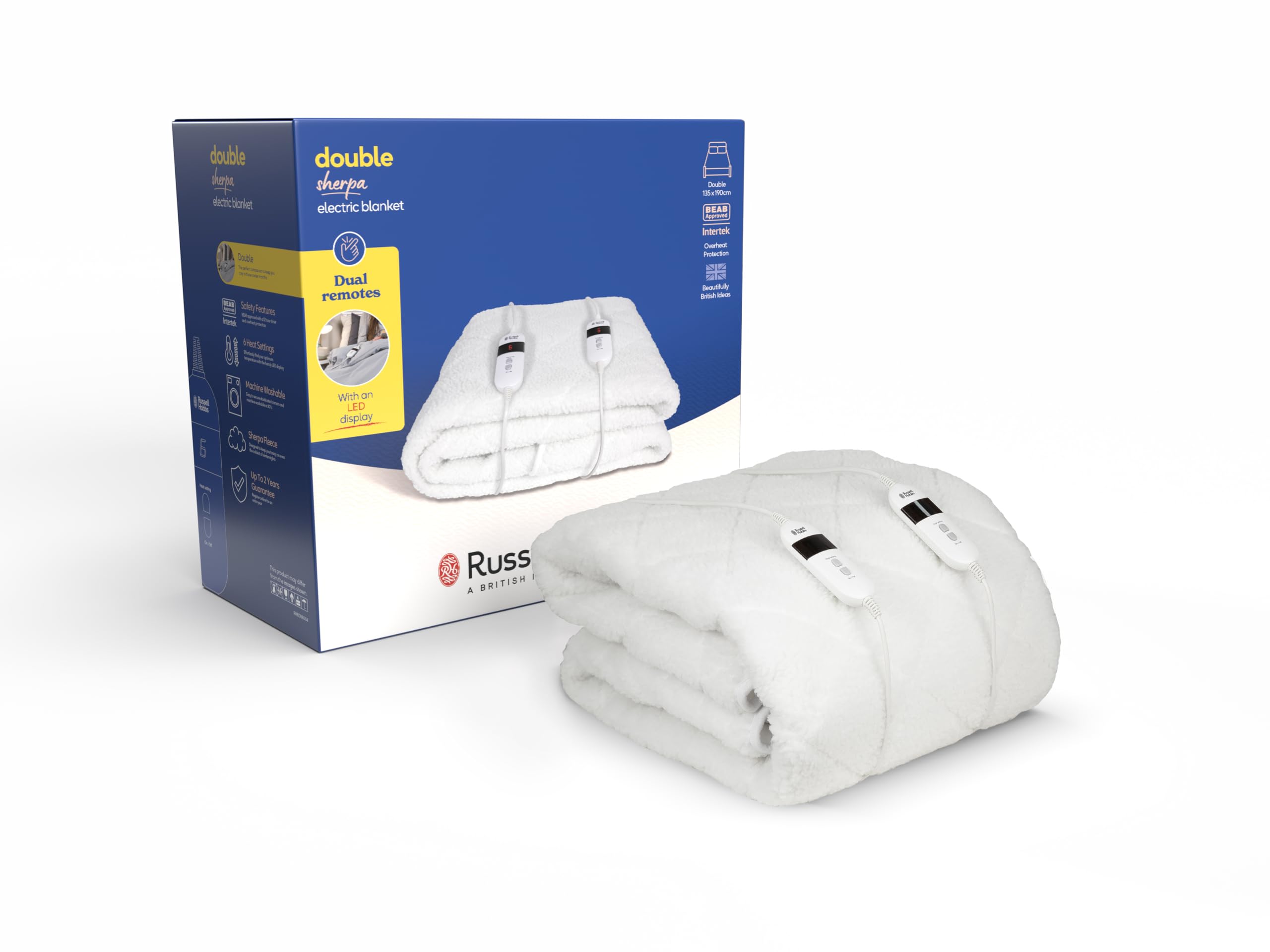 Russell Hobbs Electric Blanket, Sherpa Fleece Heated Double Fitted Underblanket, 6 Heat Se...