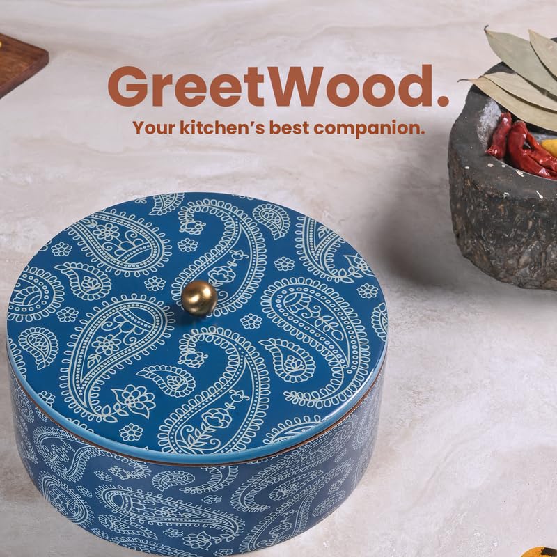 Image of Wooden Masala Box for Kitchen - 7 Stainless Steel Jars with Wooden Spoon | Stainless Steel Brass Lid with Knob | Multipurpose Dry Fruit & Spice Storage - Blue (Printed)