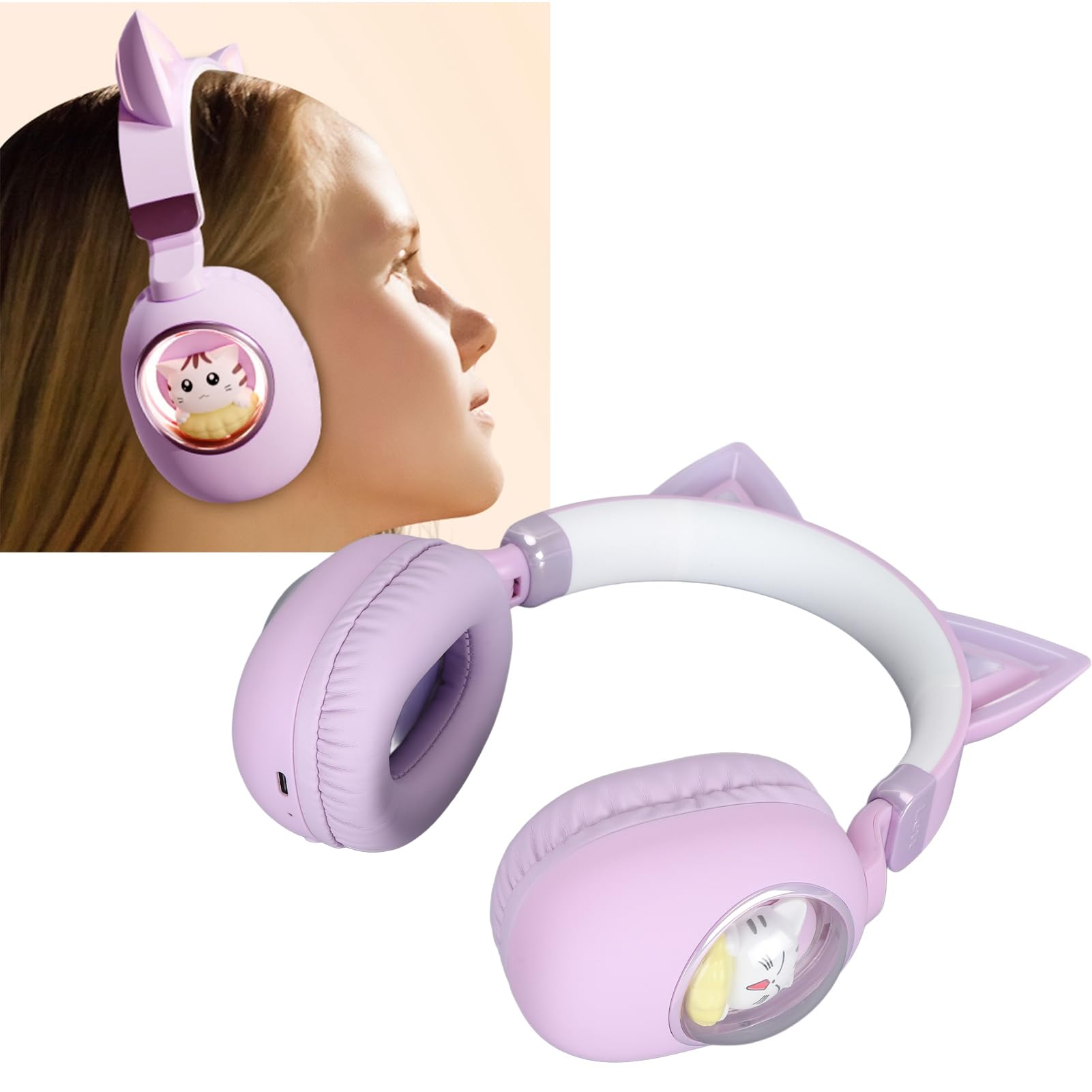 RGB -Bluetooth-Kopfhörer, HiFi-Stereo-Headset, 20 Stunden Spielzeit mit Mikrofon für Schul-Laptop, Leichte Katzenohr-Kopfhörer für (Purple)
