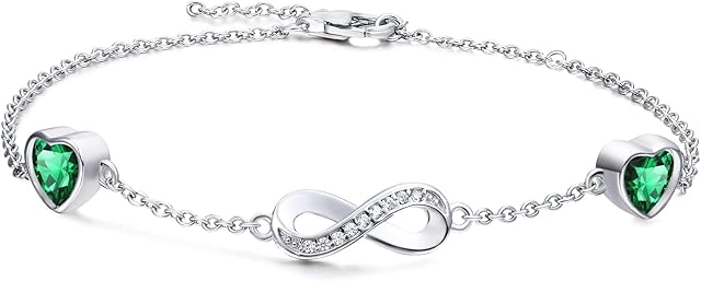 Qings Infinity Birthstone Bracelet 925 Sterling Silver Adjustable Infinity Symbol Heart Bracelets with 2 Cubic Zirconia Charms Friendship Bangle Birthday Jewellery Gifts for Women Girls