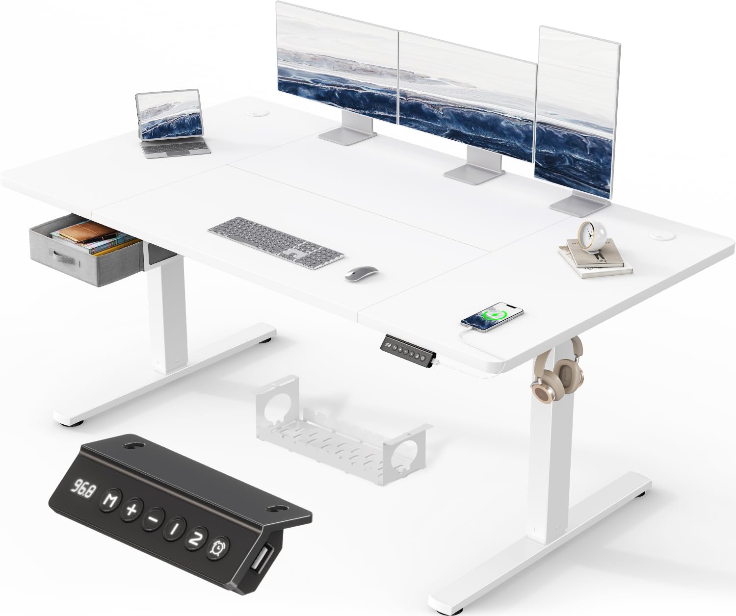 Devoko Höhenverstellbarer Schreibtisch Elektrischer, Schreibtisch mit Schubladen, USB-A Ladeanschluss, Computertisch mit Kabel Management Tray, Standing Desk mit 3 Memory Funktion