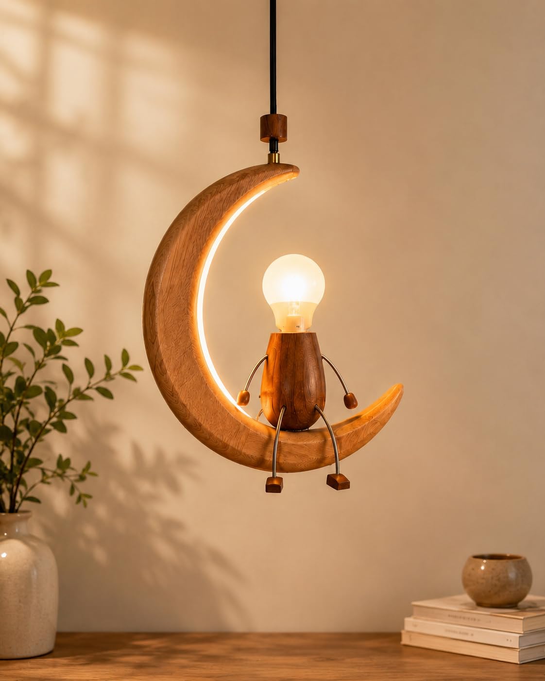 Wooden Crescent Moon Hanging Pendant Lamp with Warm LED Light & Edison Bulb | Handcrafted Decorative Ceiling Light for Living Room-image-12