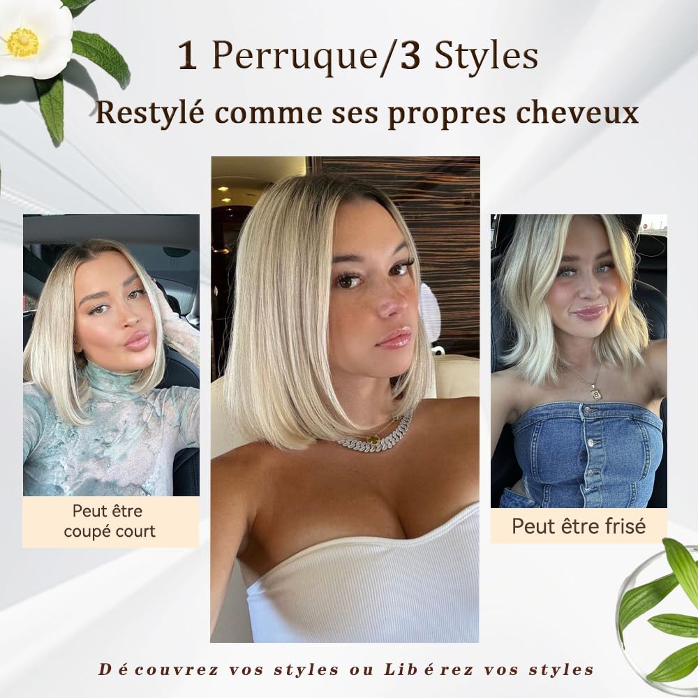 Perruque Bob Court Densité 180% - Cheveux Humains Teinture Balayage Salon Lune Cendrée Ombre Racinaire, Dentelle Nude Améliorée 13x4, Résistante à la Chaleur & Flexibilité de Séparation