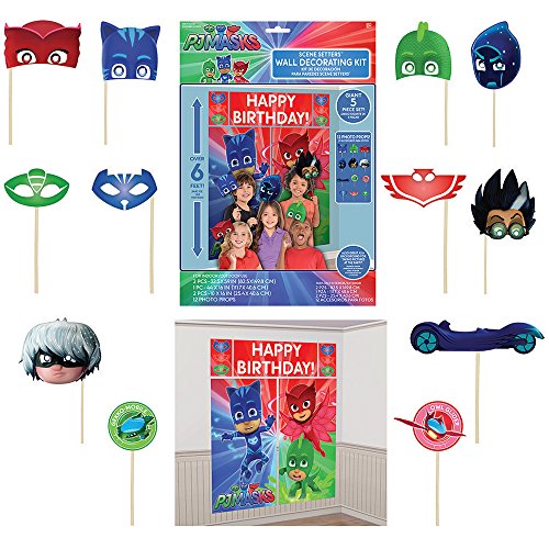 Image of AMSCAN PJ Masks Wall Poster Decorating Kit w/Photo Props (17pc), Multicolor, One Size (670623)