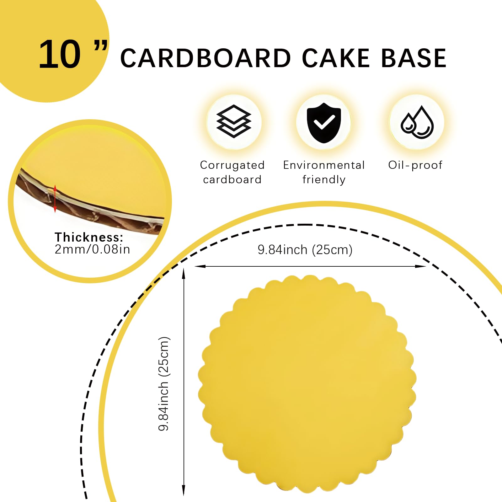 KoMvzyl 50 Pack Gold Cake Boards, 10 inch Scallop Edge, Disposable Cardboard Rounds, Grease Proof, Perfect for Cake Decorating, Valentine's Day, Weddings, Birthdays